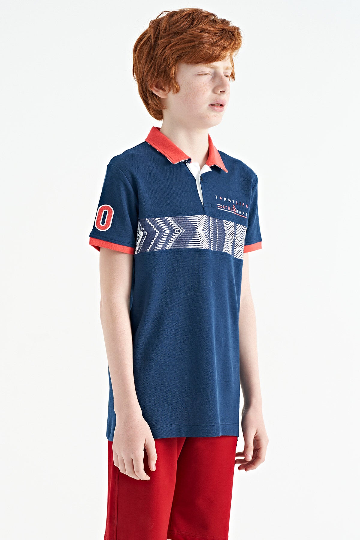 Indigo Striped Print Detailed Polo Collar Standard Cut Boys' T-Shirt - 11162