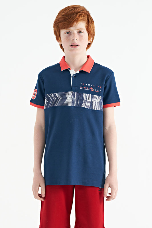 Indigo Striped Print Detailed Polo Collar Standard Cut Boys' T-Shirt - 11162