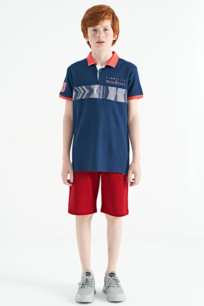 Indigo Striped Print Detailed Polo Collar Standard Cut Boys' T-Shirt - 11162