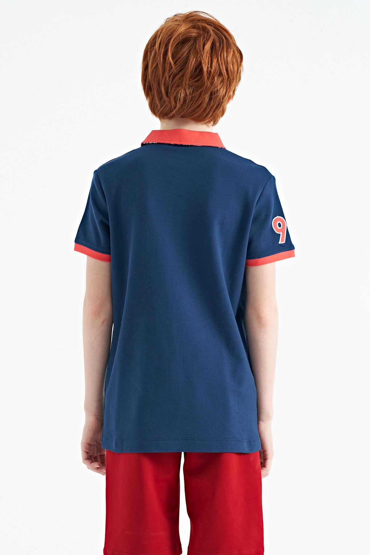 Indigo Striped Print Detailed Polo Collar Standard Cut Boys' T-Shirt - 11162