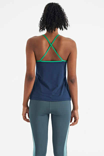 Indigo Back Cross Strap Detailed Standard Fit Women's Sports Singlet - 97261