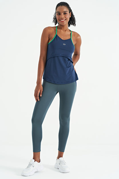 Indigo Back Cross Strap Detailed Standard Fit Women's Sports Singlet - 97261