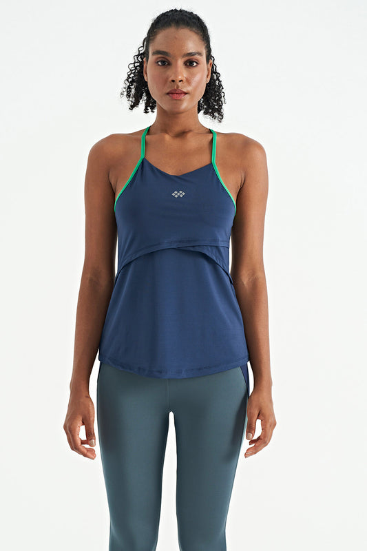 Indigo Back Cross Strap Detailed Standard Fit Women's Sports Singlet - 97261
