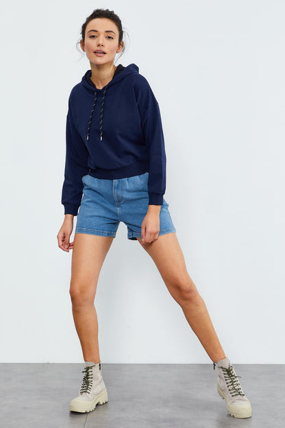 Indigo Long Sleeve Comfort Fit Hooded Women's Sweatshirt - 97115