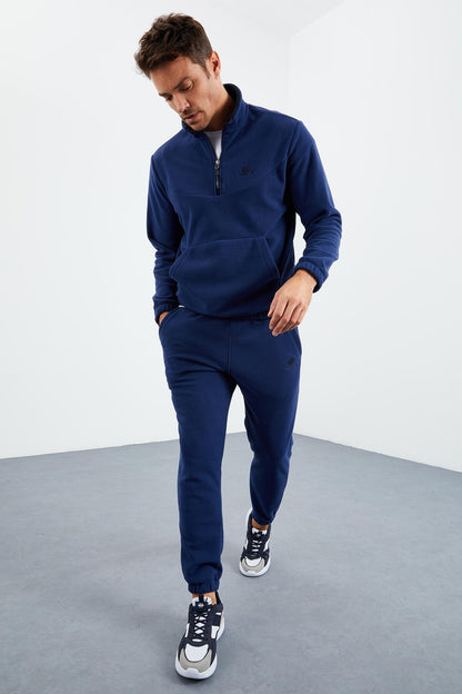 Indigo Half Zipper Stand Collar Elastic Cuff Polar Men's Tracksuit Set - 85159