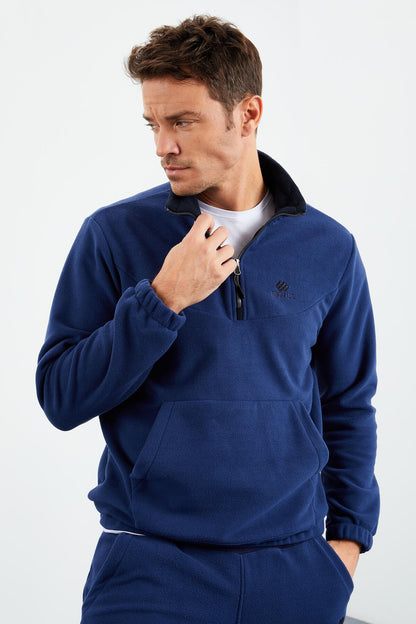 Indigo Half Zipper Stand Collar Elastic Cuff Polar Men's Tracksuit Set - 85159