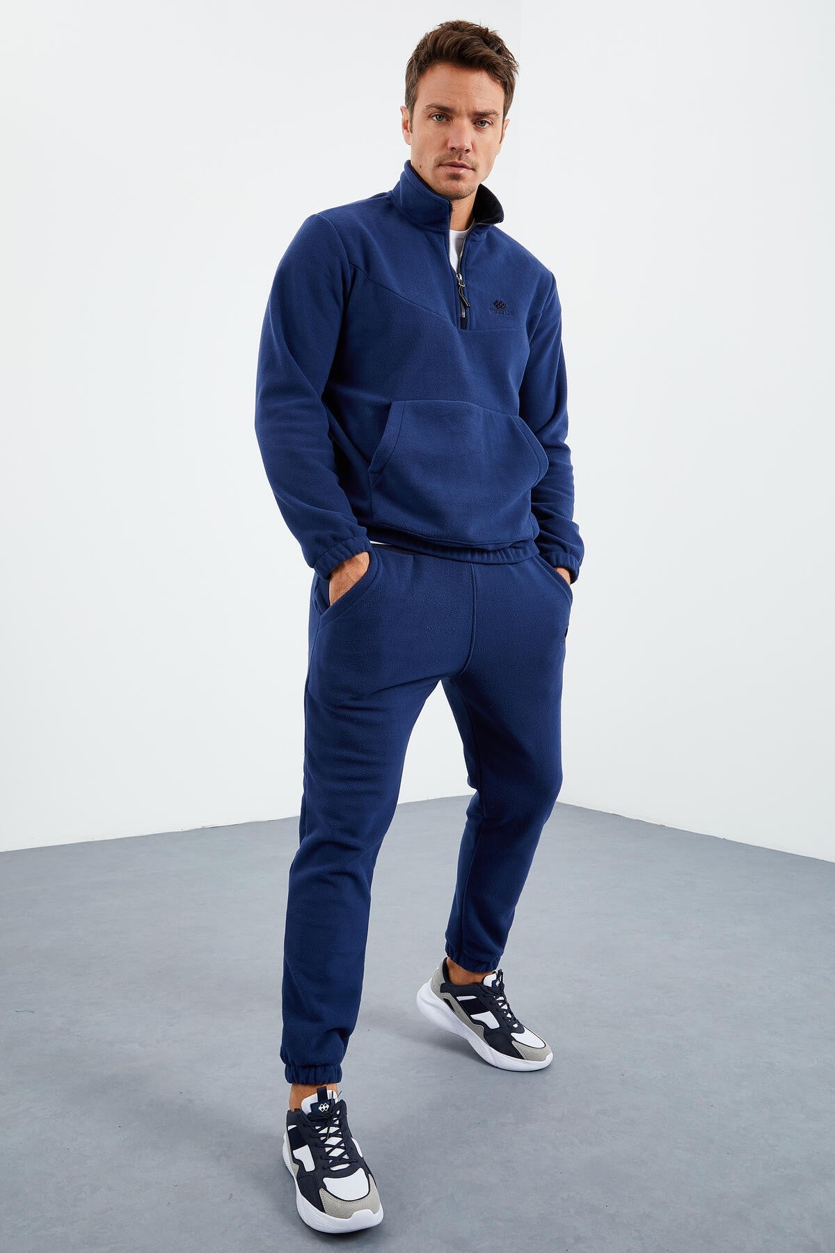 Indigo Half Zipper Stand Collar Elastic Cuff Polar Men's Tracksuit Set - 85159
