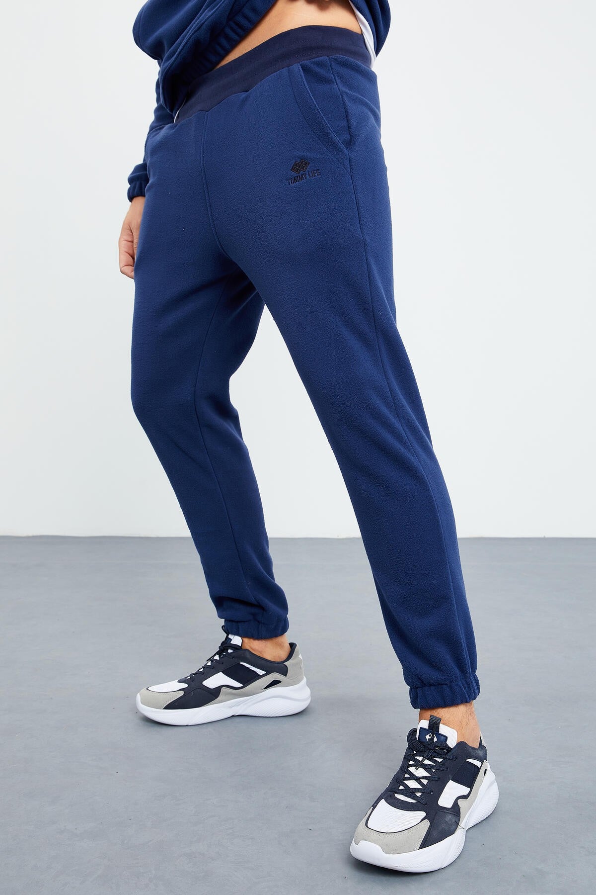 Indigo Half Zipper Stand Collar Elastic Cuff Polar Men's Tracksuit Set - 85159