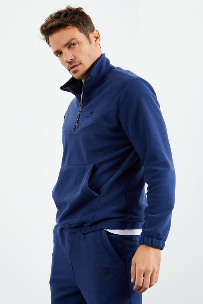 Indigo Half Zipper Stand Collar Elastic Cuff Polar Men's Tracksuit Set - 85159