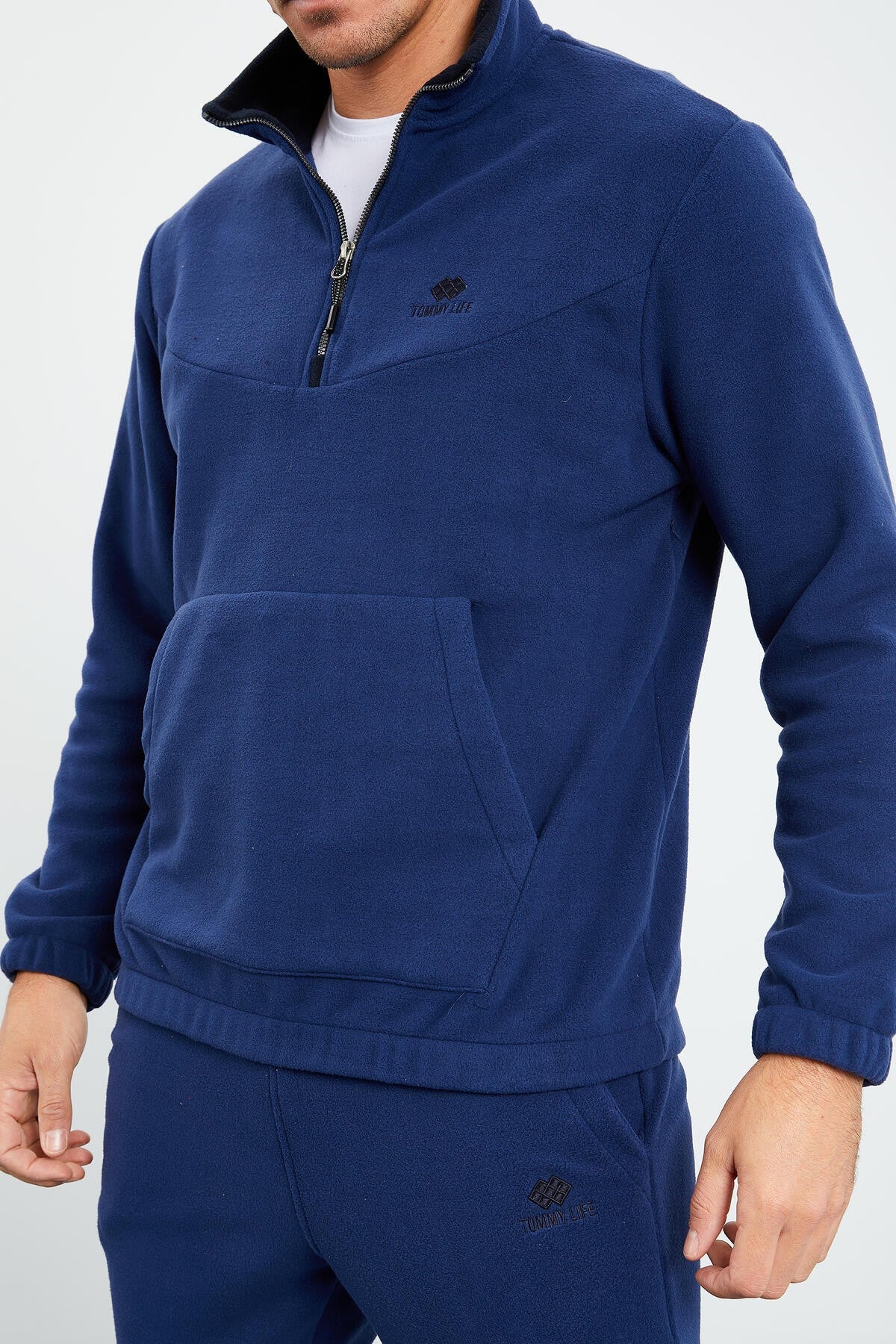 Indigo Half Zipper Stand Collar Elastic Cuff Polar Men's Tracksuit Set - 85159