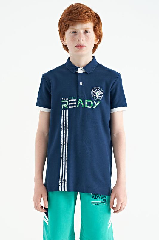 Indigo Print Pattern Standard Fit Polo Collar Boys T-Shirt - 11143