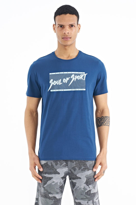 Indigo Print Pattern Standard Fit O Collar Men's T-Shirt - 88172