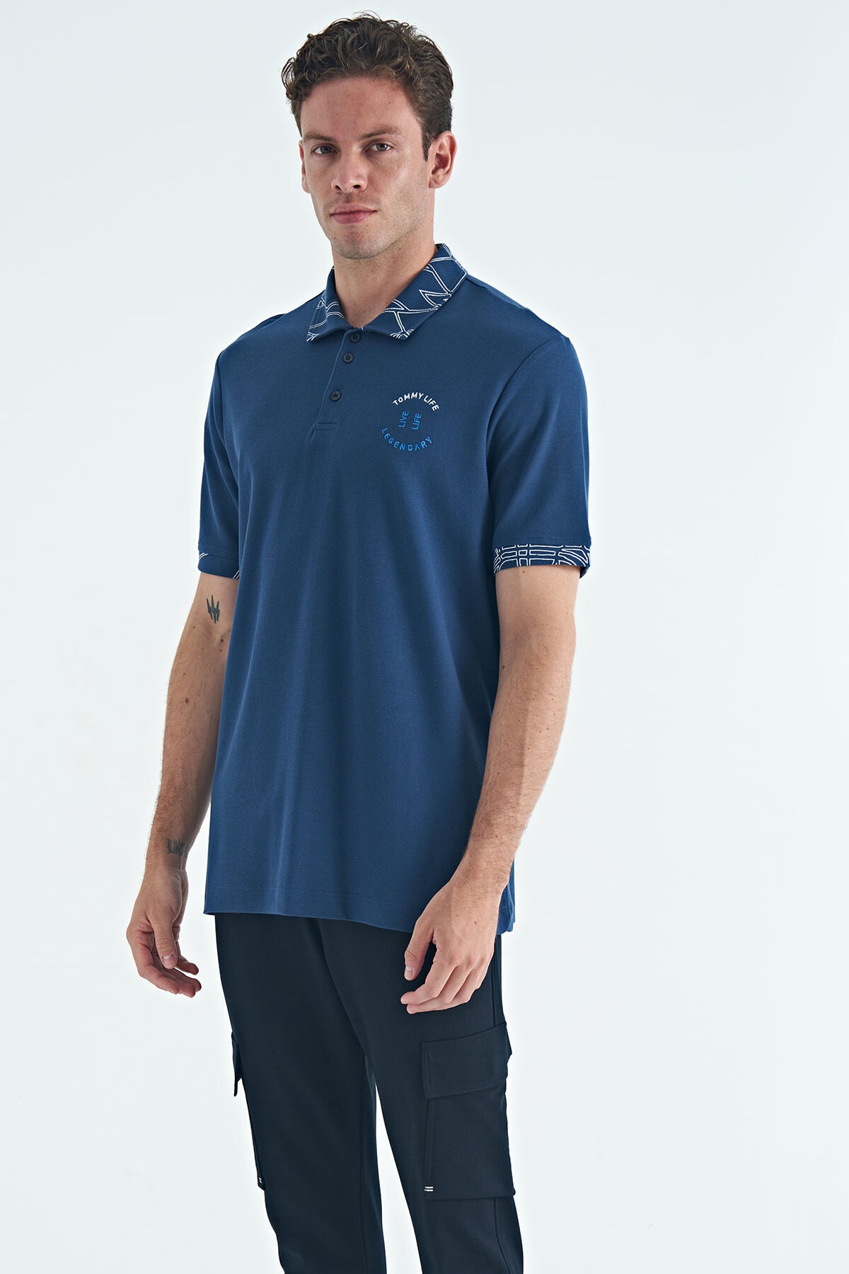 Indigo Print Detailed Standard Fit Polo Collar Men's T-Shirt - 88239