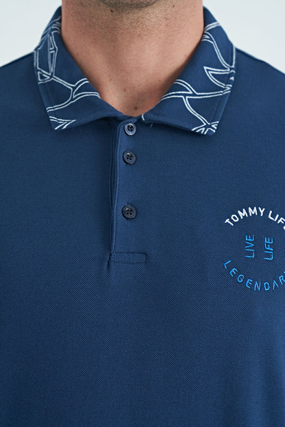 Indigo Print Detailed Standard Fit Polo Collar Men's T-Shirt - 88239