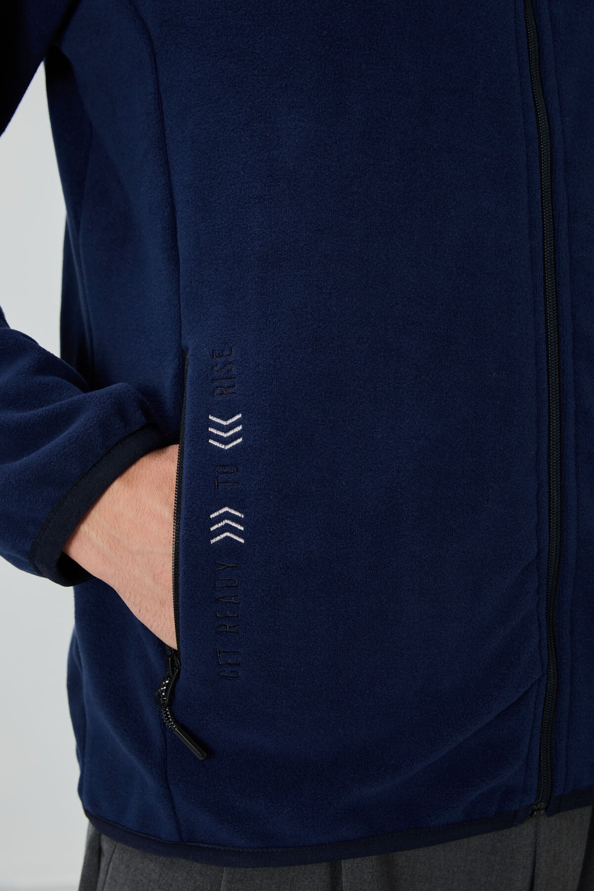 Indigo Blue Embroidered High Collar Zippered Standard Fit Men's Sweatshirt Fleece - 87992