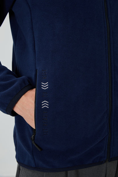 Indigo Blue Embroidered High Collar Zippered Standard Fit Men's Sweatshirt Fleece - 87992