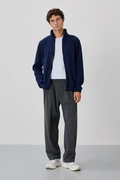 Indigo Blue Embroidered High Collar Zippered Standard Fit Men's Sweatshirt Fleece - 87992
