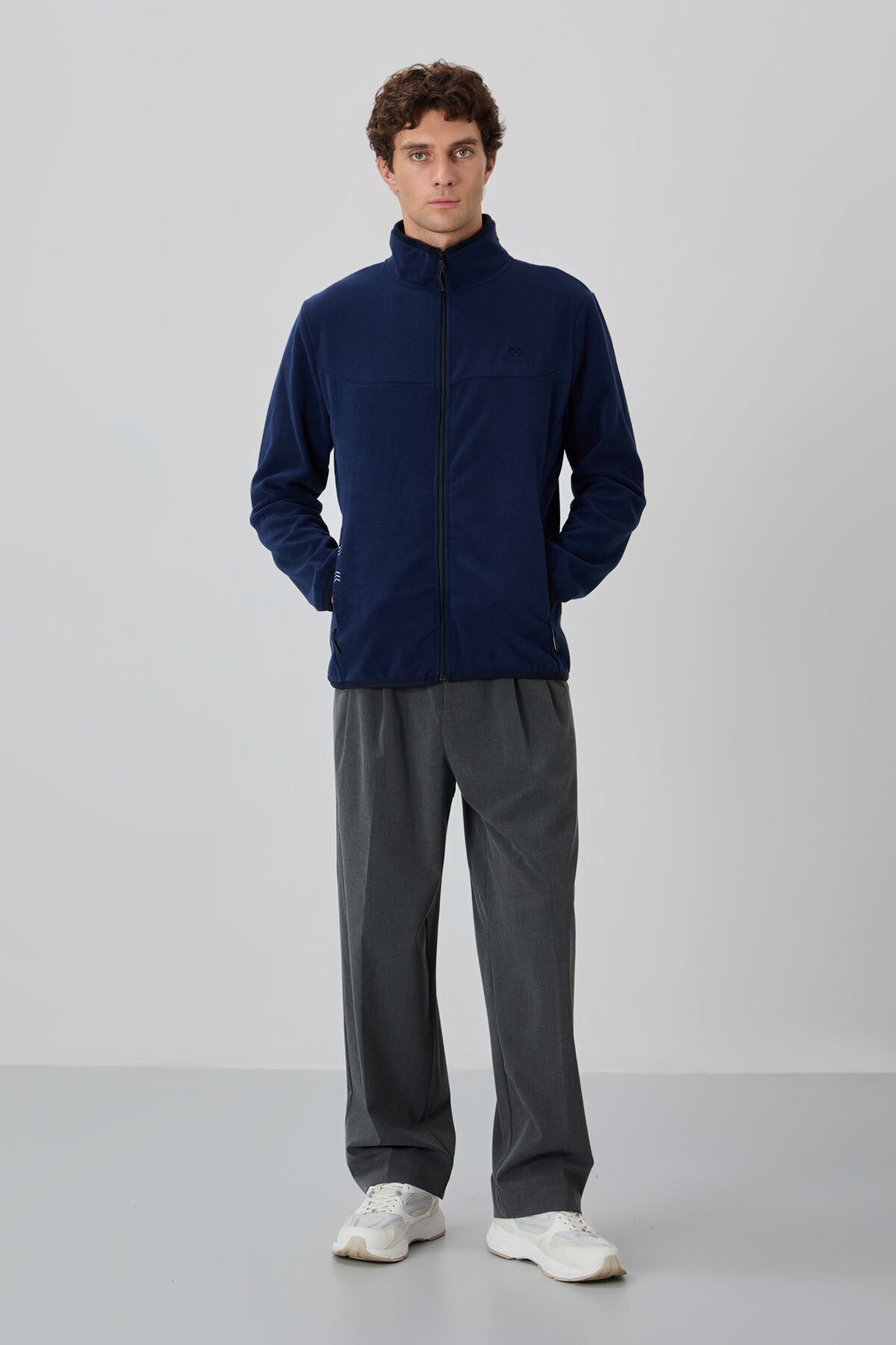 Indigo Blue Embroidered High Collar Zippered Standard Fit Men's Sweatshirt Fleece - 87992