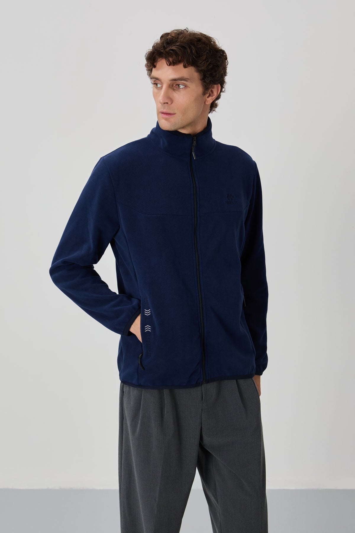 Indigo Blue Embroidered High Collar Zippered Standard Fit Men's Sweatshirt Fleece - 87992