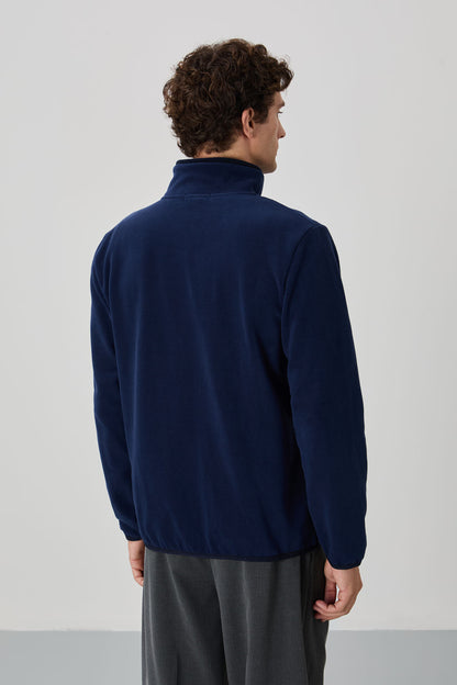 Indigo Blue Embroidered High Collar Zippered Standard Fit Men's Sweatshirt Fleece - 87992
