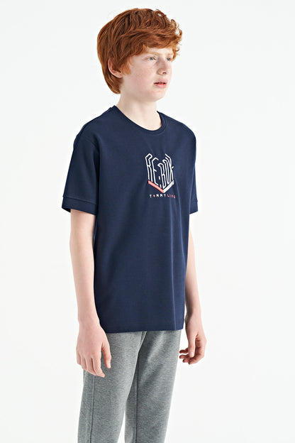 Indigo Embroidered O Collar Oversize Boys' T-Shirt - 11151