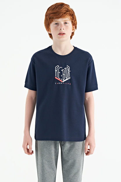 Indigo Embroidered O Collar Oversize Boys' T-Shirt - 11151