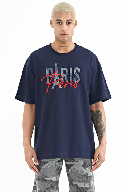 Indigo Yarn Embroidered O Collar Oversize Men's T-Shirt - 88223