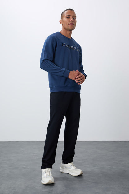 Indigo Blue Embroidered O Collar Comfort Fit Polar Lined Men's Sweatshirt - 88020