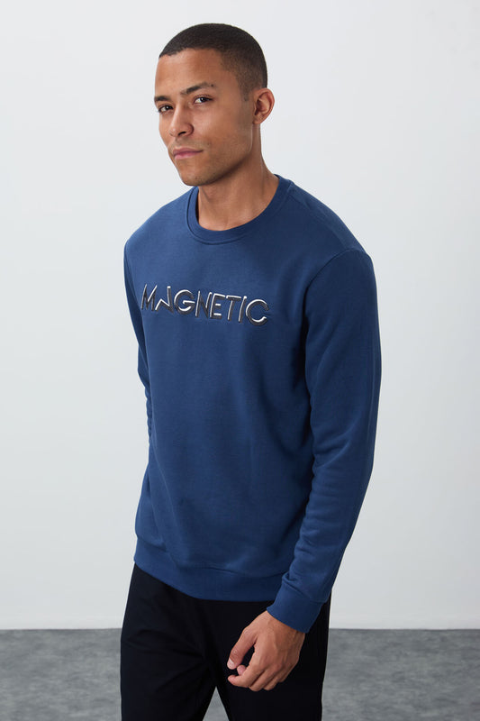 Indigo Blue Embroidered O Collar Comfort Fit Polar Lined Men's Sweatshirt - 88020