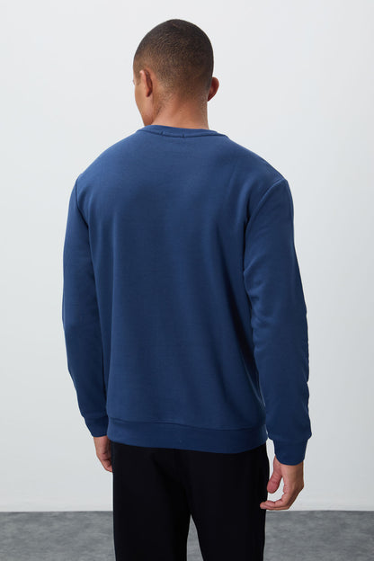 Indigo Blue Embroidered O Collar Comfort Fit Polar Lined Men's Sweatshirt - 88020