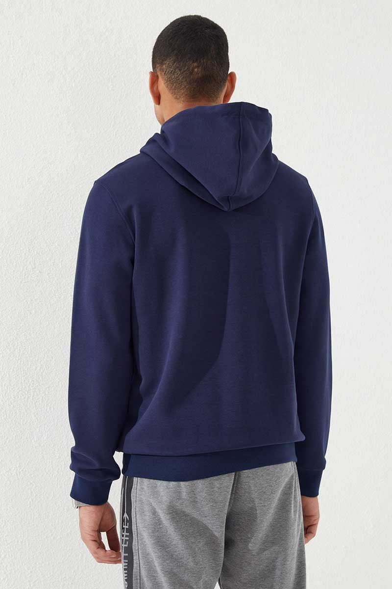 Indigo Blue Embroidered Standard Fit Hooded Men's Sweatshirt - 87887