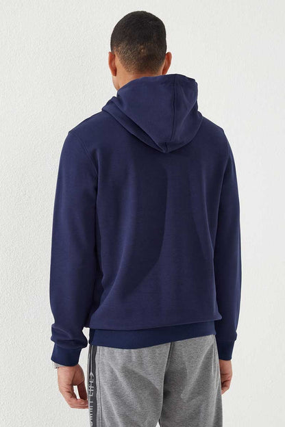 Indigo Blue Embroidered Standard Fit Hooded Men's Sweatshirt - 87887