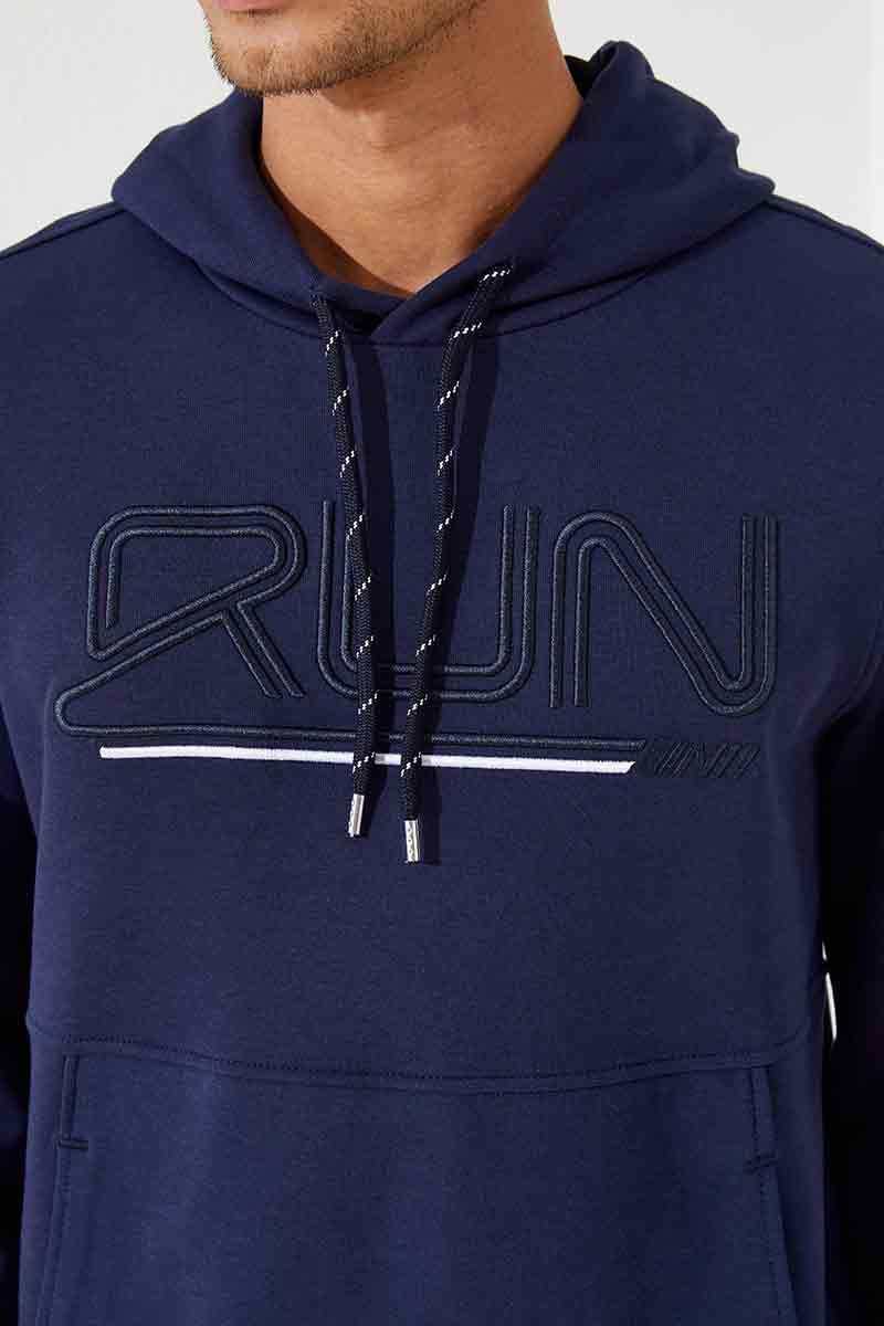 Indigo Blue Embroidered Standard Fit Hooded Men's Sweatshirt - 87887