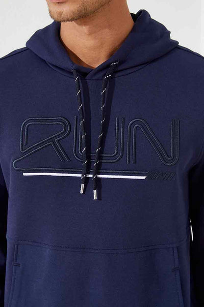 Indigo Blue Embroidered Standard Fit Hooded Men's Sweatshirt - 87887