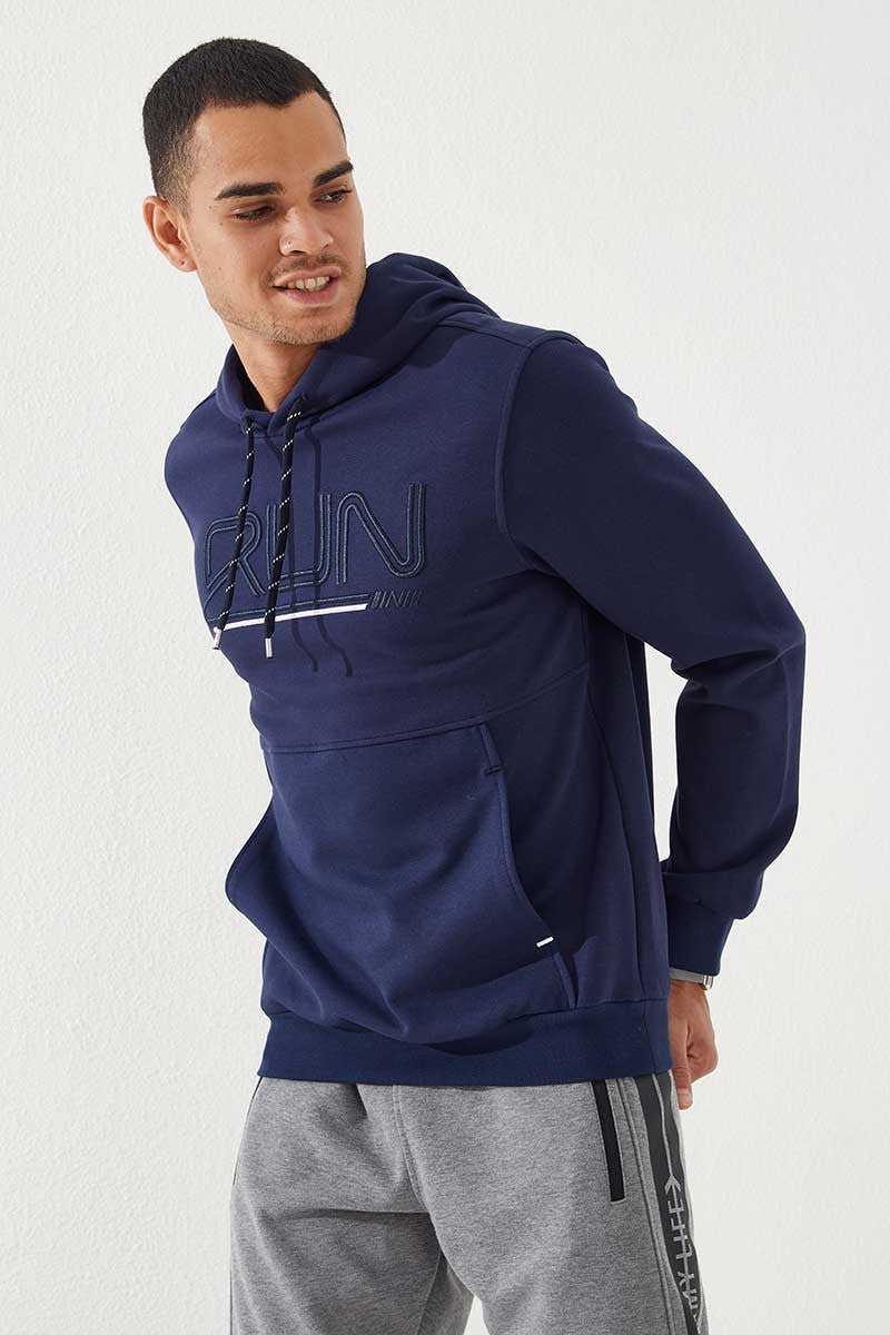 Indigo Blue Embroidered Standard Fit Hooded Men's Sweatshirt - 87887
