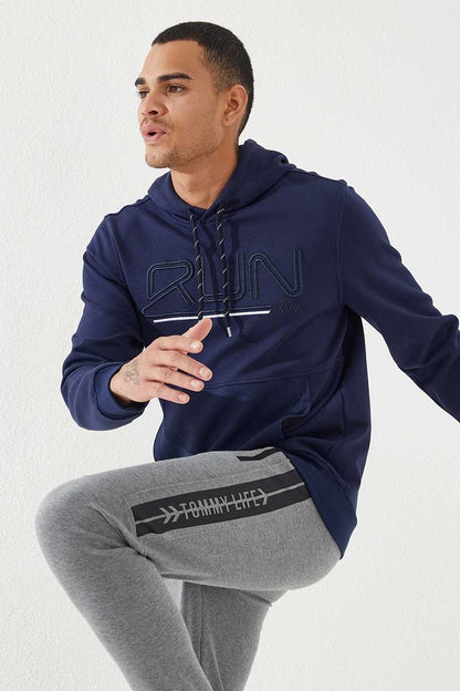 Indigo Blue Embroidered Standard Fit Hooded Men's Sweatshirt - 87887