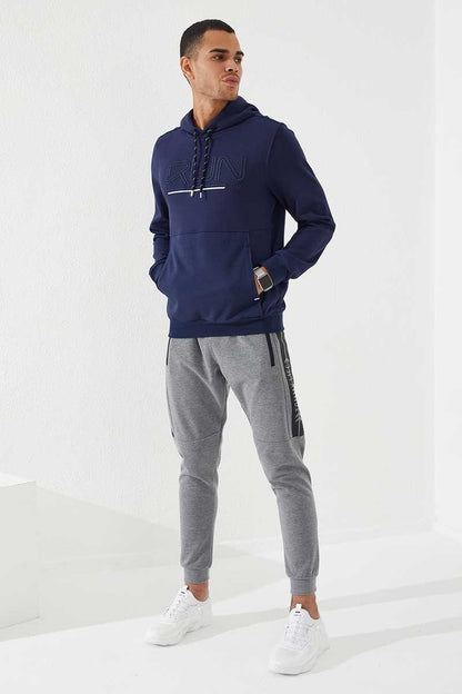 Indigo Blue Embroidered Standard Fit Hooded Men's Sweatshirt - 87887