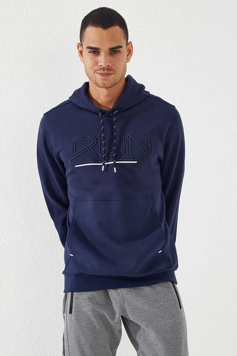 Indigo Blue Embroidered Standard Fit Hooded Men's Sweatshirt - 87887