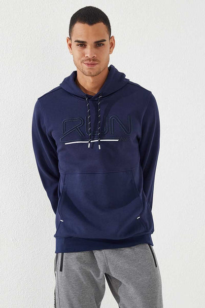Indigo Blue Embroidered Standard Fit Hooded Men's Sweatshirt - 87887