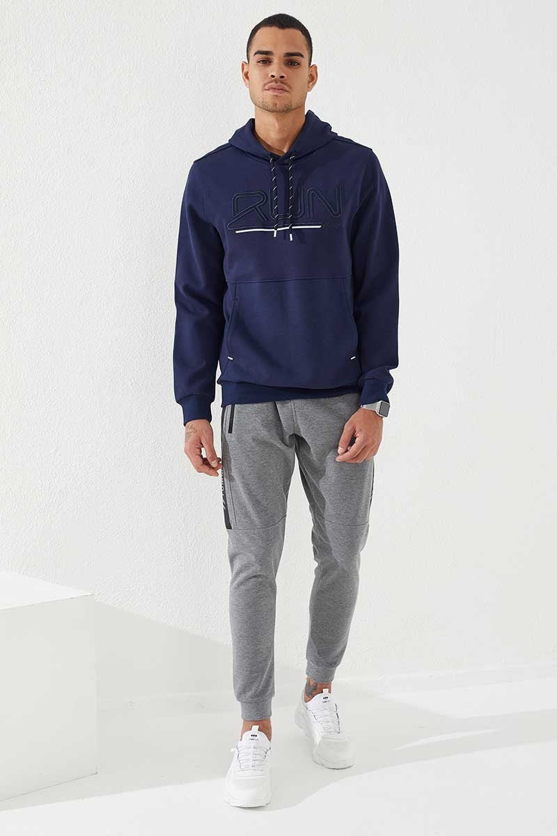 Indigo Blue Embroidered Standard Fit Hooded Men's Sweatshirt - 87887