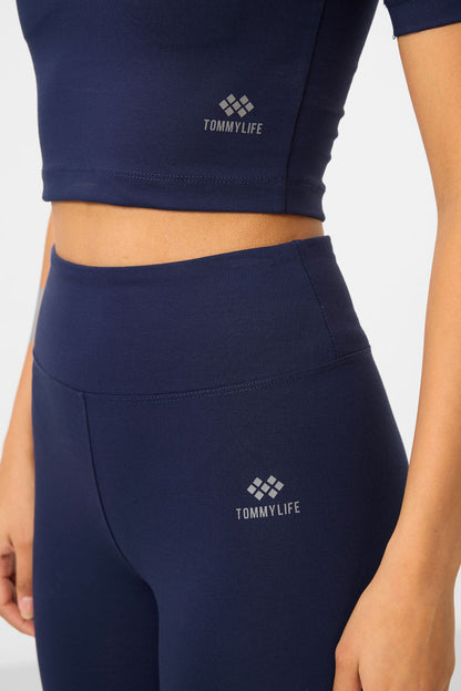 Indigo high waist capri crop t-shirt slim fit women tights set - 95285