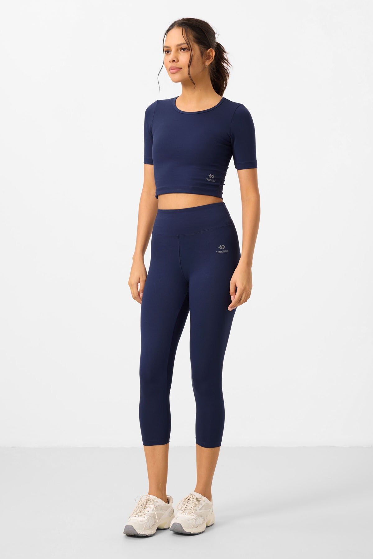 Indigo high waist capri crop t-shirt slim fit women tights set - 95285