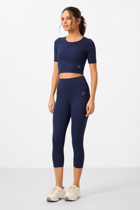 Indigo high waist capri crop t-shirt slim fit women tights set - 95285