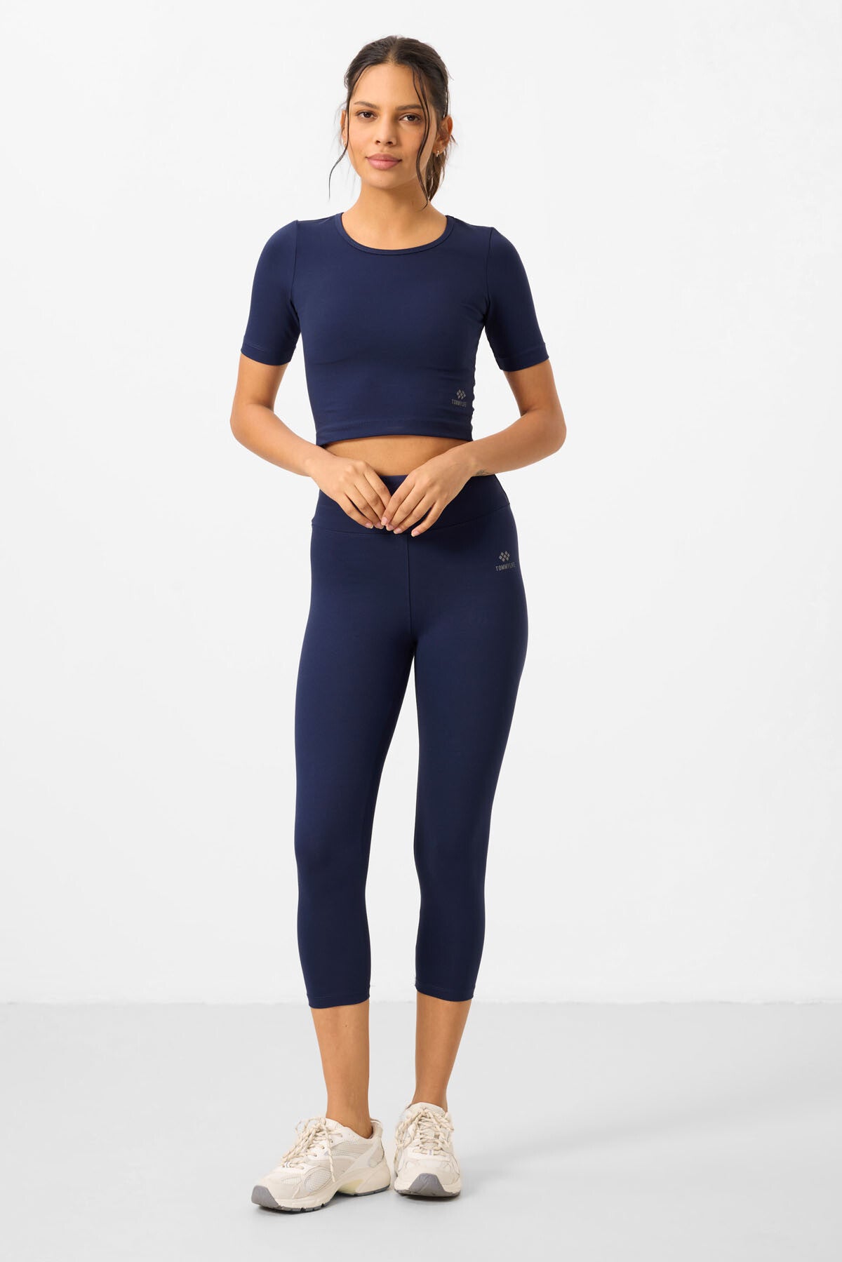 Indigo high waist capri crop t-shirt slim fit women tights set - 95285