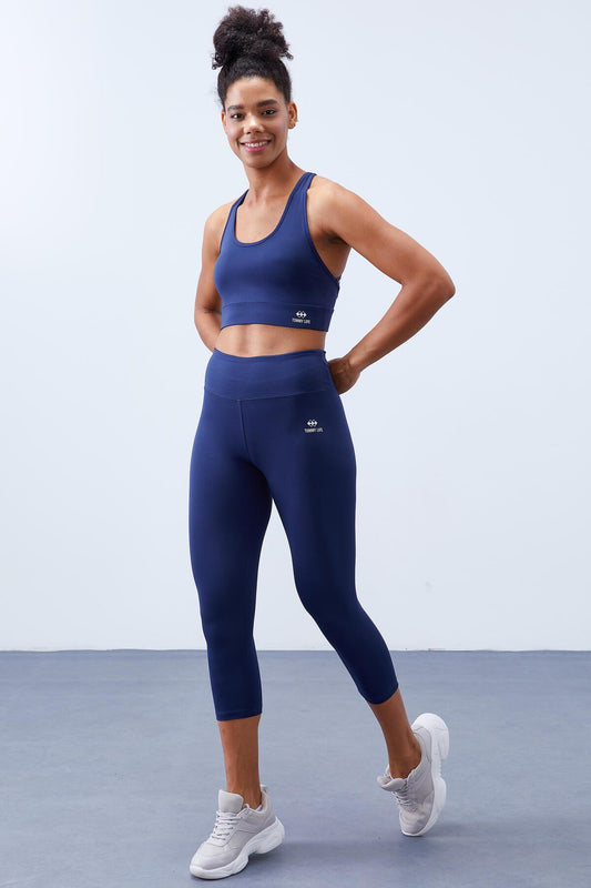 Indigo High Waist Wrap-up Cross Back Detailed Slim Fit Women's Tights Set - 95283