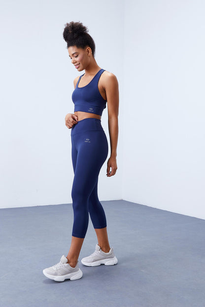 Indigo High Waist Wrap-up Cross Back Detailed Slim Fit Women's Tights Set - 95283