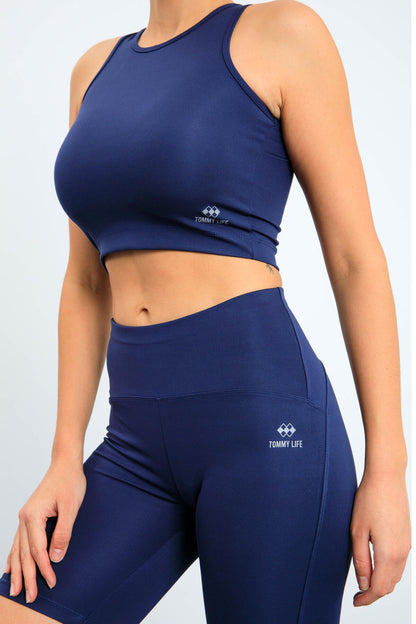 Indigo High Waist Wrap-up Slim Fit Crop Biker Women's Tights Set - 95302