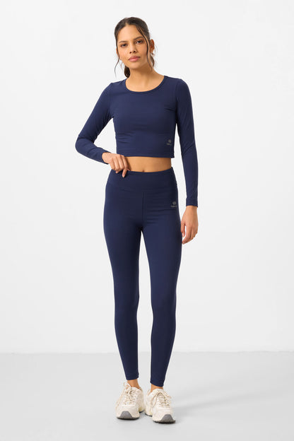 Indigo High Waist Long Sleeve Slim Fit Crop Top Women's Tights Set - 95286