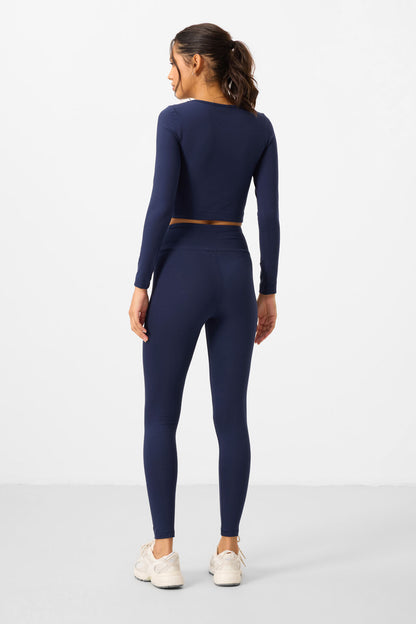 Indigo High Waist Long Sleeve Slim Fit Crop Top Women's Tights Set - 95286