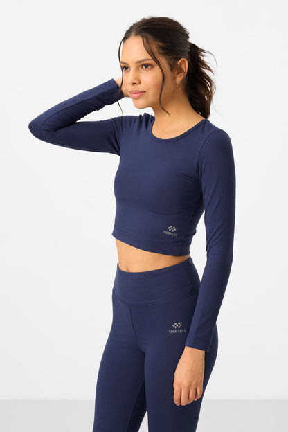 Indigo High Waist Long Sleeve Slim Fit Crop Top Women's Tights Set - 95286